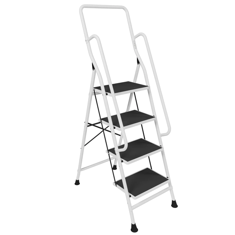 Home Vida 4 Step Ladder - Heavy Duty Steel Folding Ladder with Enhanced Safety Rails, Slip-Resistant and Wide Steps, 150kg Max Load, Home/Kitchen/DIY/Garden Use, White