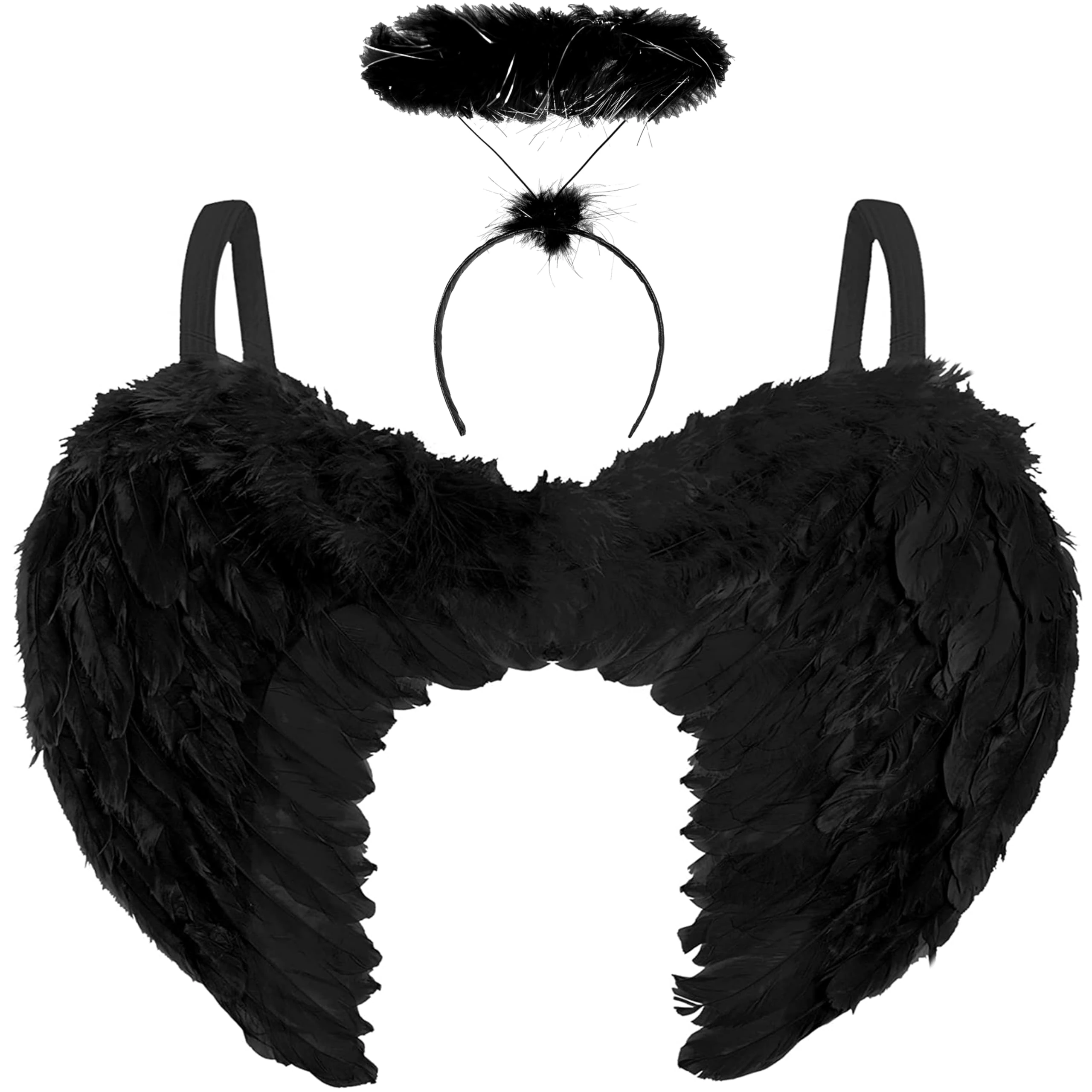 Womens Black Angel Wings And Halo - Ladies Fallen Dark Angel Costume for Womens Halloween Costume Adult - Adult Black Wings Halloween Fancy Dress Accessories