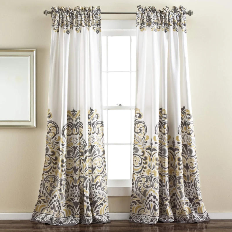 Lush Decor Clara Curtains Paisley Damask Print Bohemian Style Light Filtering Window Panel Set for Living, Dining, Bedroom (Pair), 52" W x 84" L, Gray & Yellow