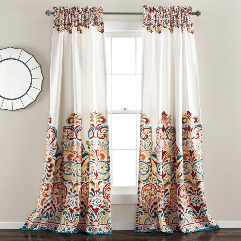 Lush Decor Clara Curtains Paisley Damask Print Bohemian Style Light Filtering Window Panel Set for Living, Dining, Bedroom (Pair), 52" W x 84" L, Turquiose & Tangerine