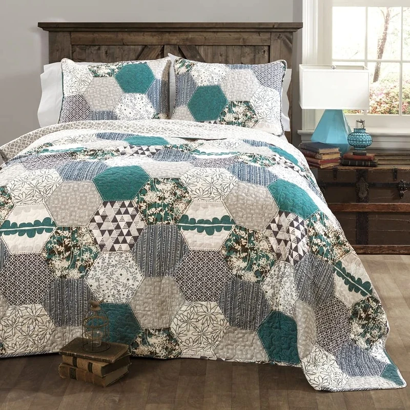 Lush Decor Briley 3 Piece Quilt Set, TURQUOISE, Full/Queen