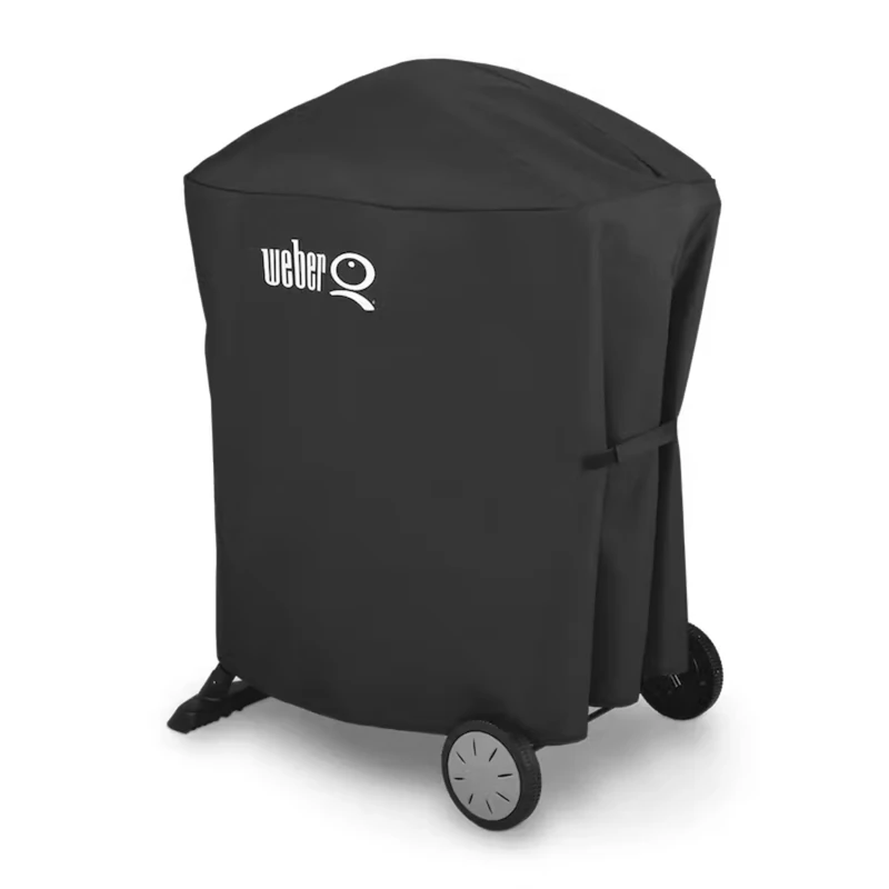 Weber Premium BBQ Cover/For Q 100/1000/200/2000 Barbecues with Stand or Portable Cart, Breathable Water-Resistant Fabric with UV Protection and Fastening Strap, Black, 25.5 x 6.6 x 18.5 cm