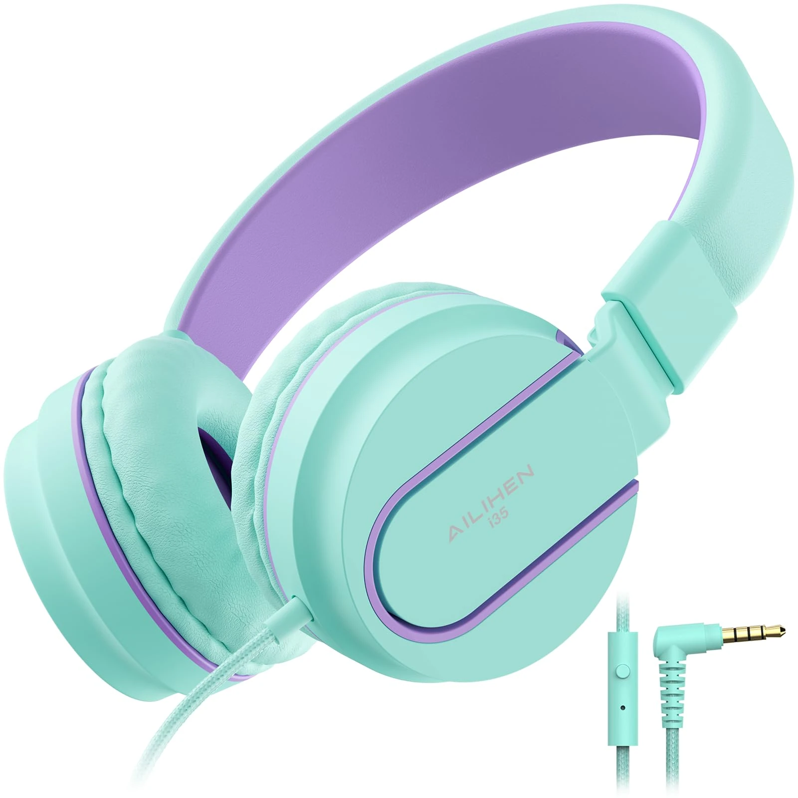 Ailihen I35 Kid Headphones with Microphone Volume Limited 93dB Children Girls Boys Teen Lightweight Foldable Wired Headset for School Online Course Chromebook Cellphones Tablets (Light Blue)
