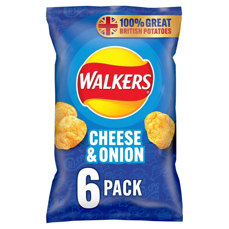 Walkers Cheese and Onion Vegetarian Multipack Crisps, Ideal for Lunch and Snacking 6x25 g