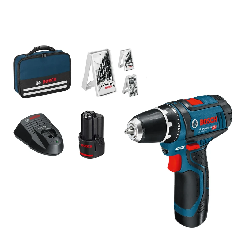 Bosch Professional 12V System Cordless Screwdriver GSR 12V-15 (incl. 2x2.0 Battery+Charger, 39 Pieces Accessory Set, in Bag) - Amazon Exclusive Set