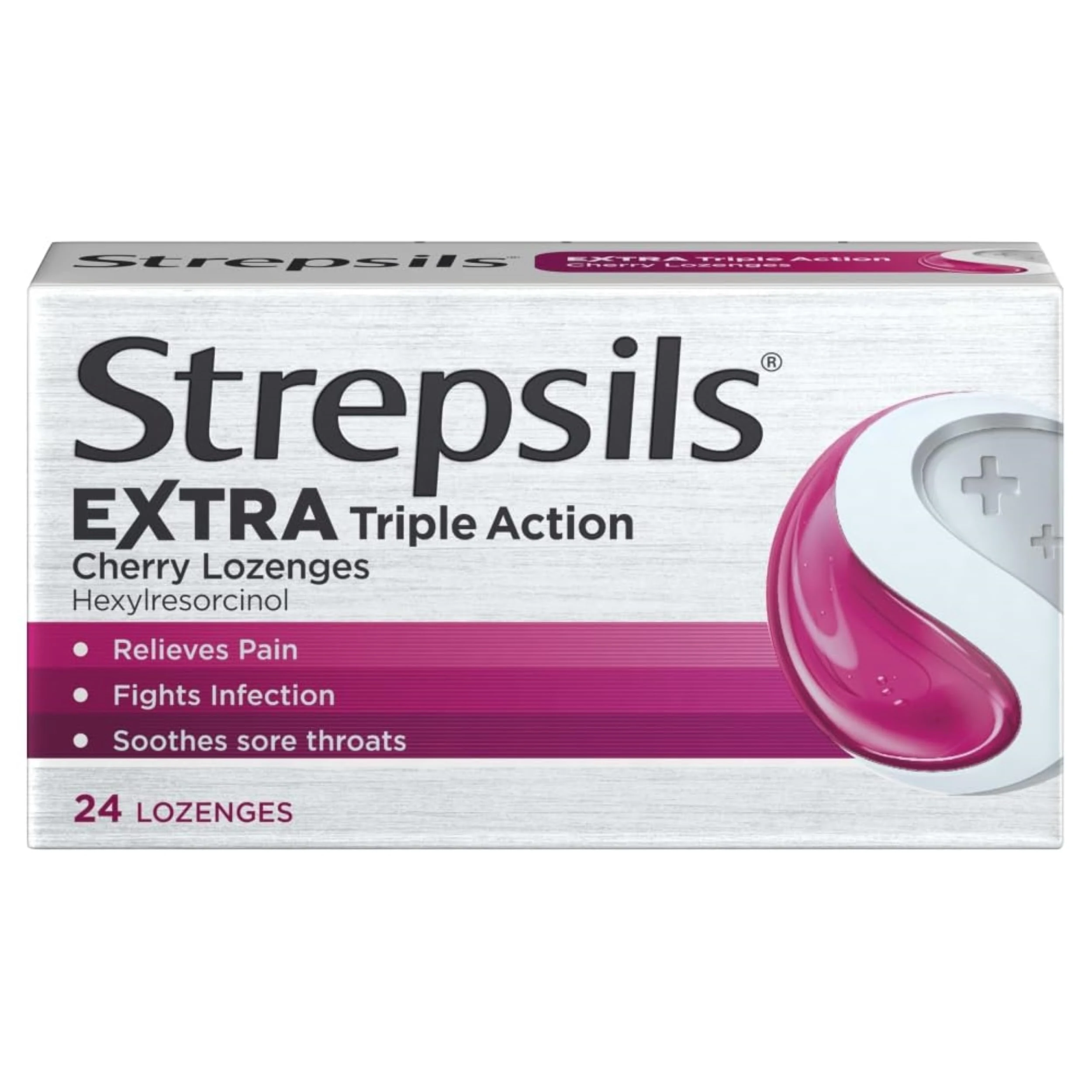 Strepsils Extra Triple Action Cherry Lozenges, 24 Count, Fast Sore Throat Relief, Soothes In 5 Minutes, Enhanced Pain Management, Effective Discomfort Medication