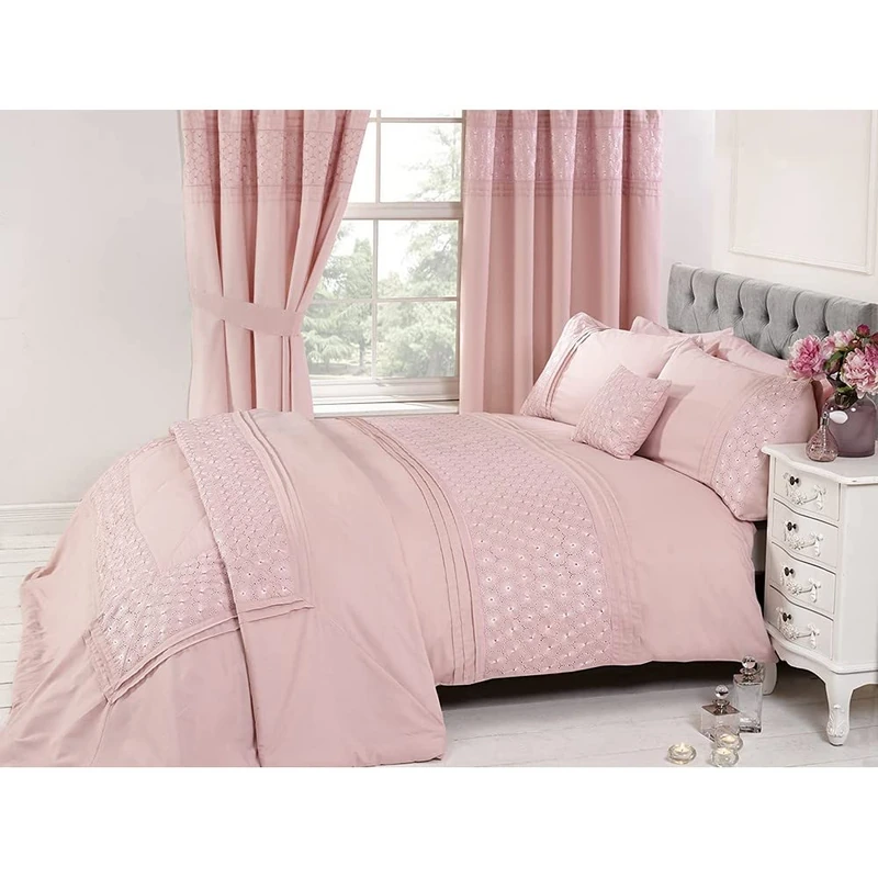 Rapport Home Floral Super King Quilt Duvet Cover & 2 Pillowcase Bed Set Embroidered Pink - Image 1