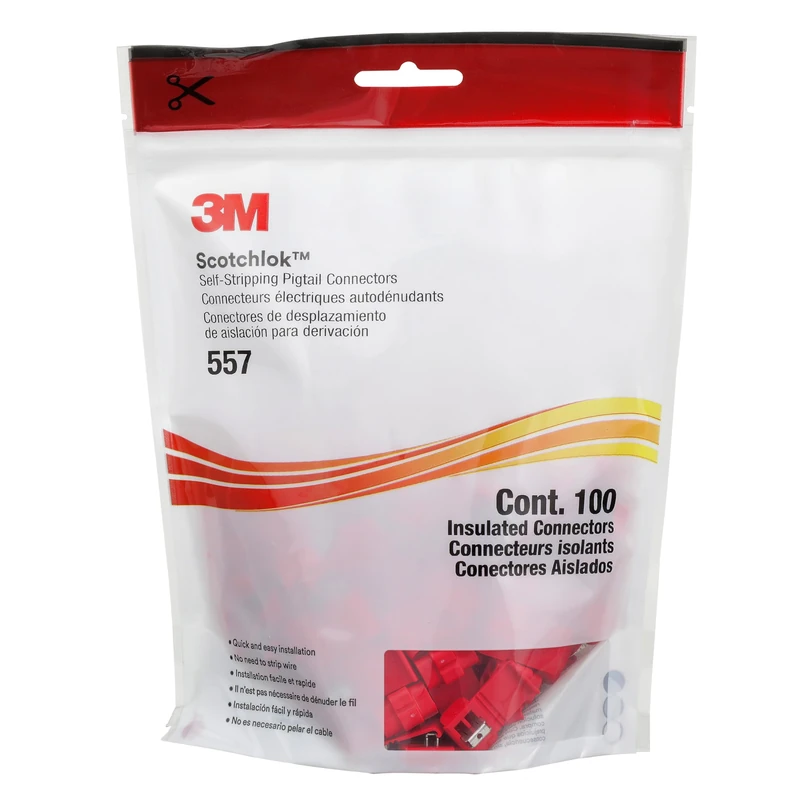 3M Scotchlok Electrical IDC 557-BOX, Pigtail, Self-Stripping, Moisture Resistant and Flame Retardant, Red, 22-16 AWG, 100 per pouch