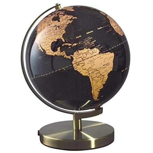 Mascagni World Map Globe On Brass Stand Black Background 25 cm and Metal Base