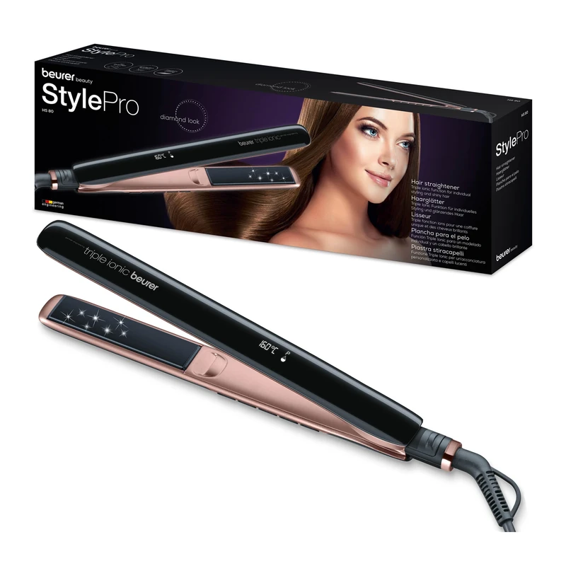 Beurer HS 80 hair straightener with titanium coating, fast heating, Magic LED display and automatic shut-off, triple ionic, protection and memory function