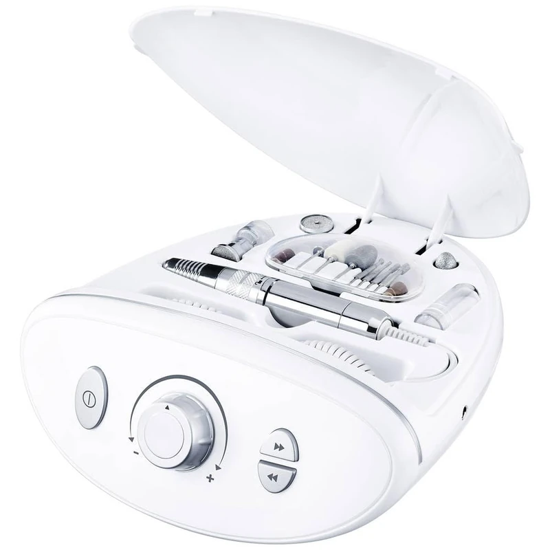 Beurer MP 100 electric manicure/pedicure professional station, 10 sapphire and felt attachments, nail dust protection cap, up to 22,000 revolutions per minute, 41-piece set