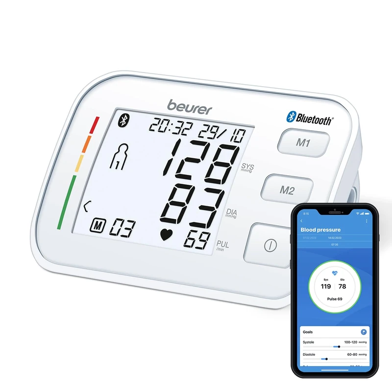 Beurer BM57 Upper Arm Blood Pressure Monitor | Large Cuff Upto 43 cm | Health Manager Pro App Connection with Certified Data Protection | Arrhythmia Detection | Colour-Coded Risk Indicator