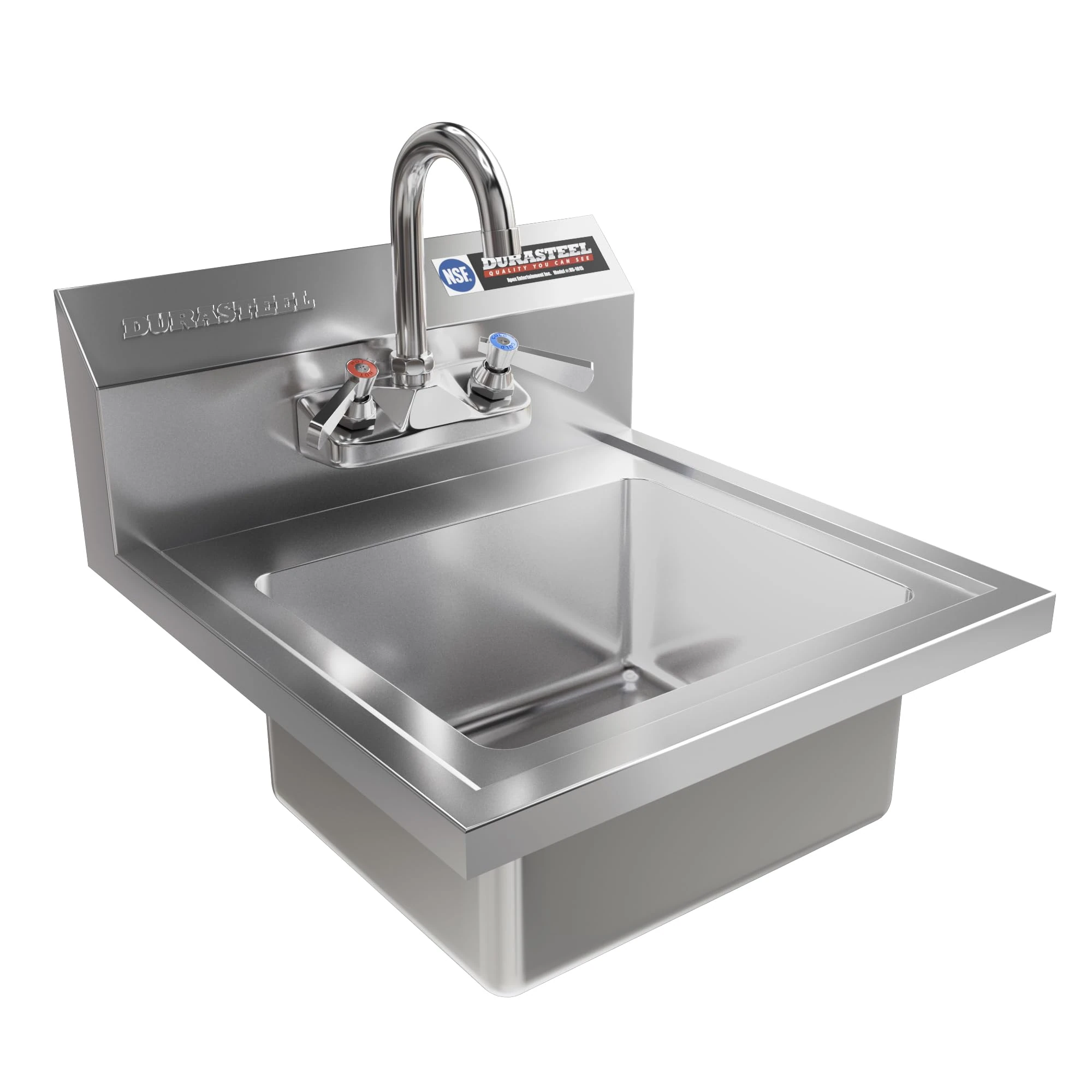 DuraSteel Stainless Steel Hand Sink with 16.7"W x 16"L x 12"H Sink Dimension | Commercial Wall Mount Sink | NSF Certified | Strainer and Faucet Included | Perfect for Stores, Restaurants, Bars, etc