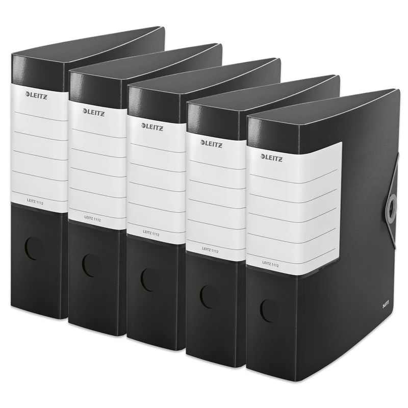 Leitz Quality Folder 180° Solid, Pack of 5, A4, Black, 8.2 cm Spine Width, Elastic Closure, Robust Polyfoam, Extra Wide, Interchangeable Spine Label, 11120095