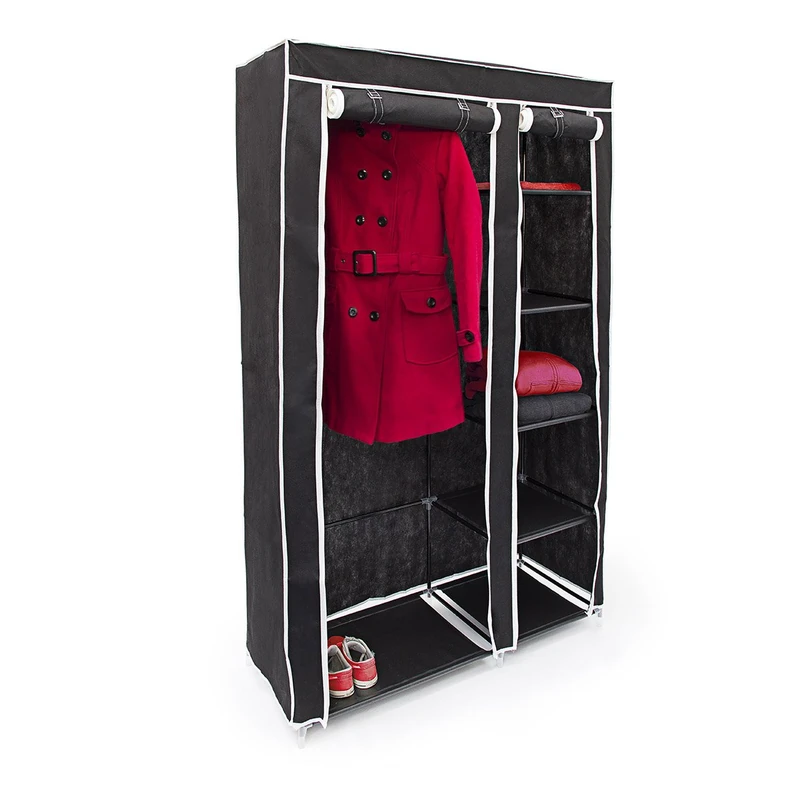 Relaxdays Folding Wardrobe VALENTIN XL Sturdy Fabric Closet, Fleece, 174 x 107 x 42.5 cm With 5 Shelves & Zipper, Black - Image 1