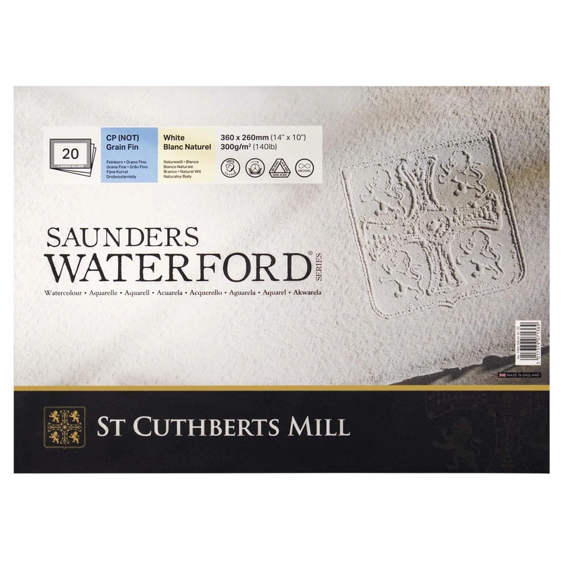 St Cuthberts Saunders Waterford Cold Pressed Block White 300gsm 360 x 260mm, 20 Sheets, Professional Watercolour Paper