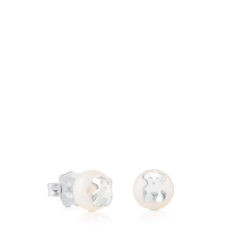 TOUS Sterling Silver Earrings on 8mm Pearl for Women with Snap Closure, Bear Pattern, Classic and Elegant, Icon Pearl Collection