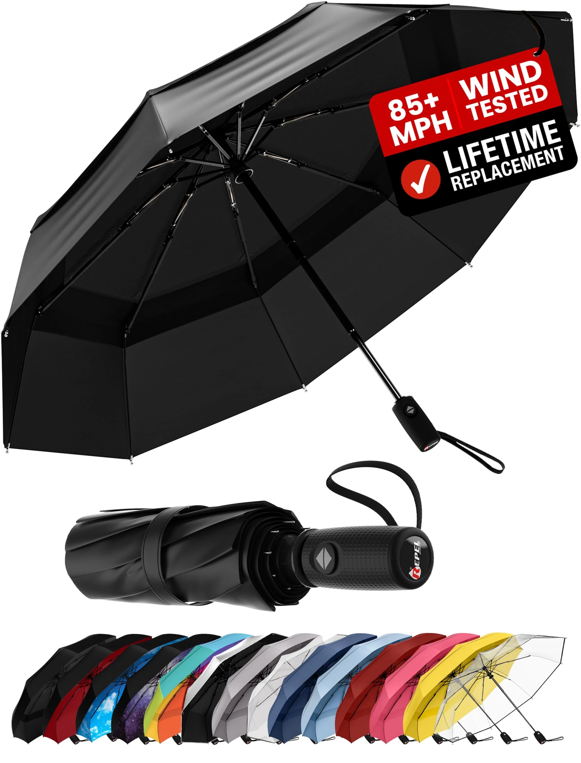 Repel Umbrella Windproof Travel Umbrellas for Rain - Easy Auto Open Close, Durable & Compact, Strong Fiberglass Frame, Waterproof Canopy - Backpack, Purse, Portable UV Umbrella