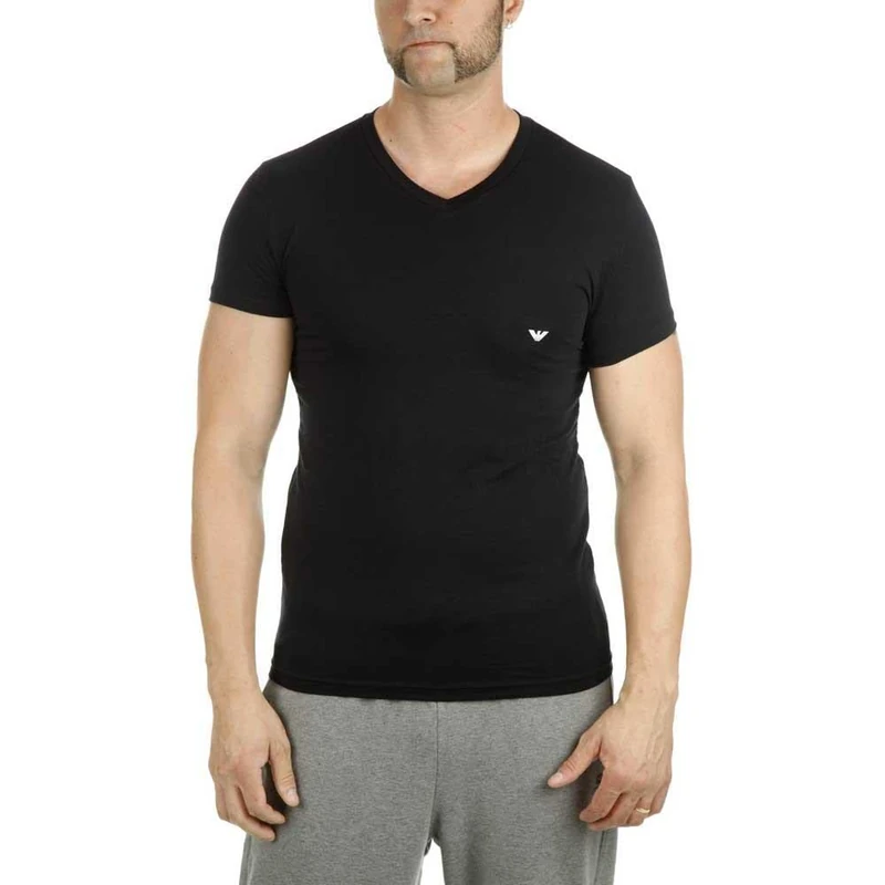 Emporio Armani Mens Basic - Stretch Cotton T-shirt With V-neck Pyjama Top, Black, L UK