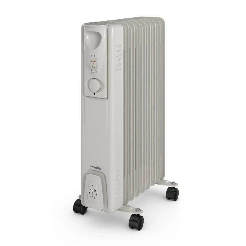 Warmlite Portable Electric Oil Filled Radiator, 3 Power Settings, Adjustable Temperature Thermostat, Overheat Protection, 9 Fins, 2000 W, White