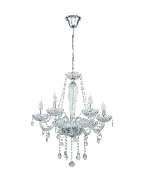 Eglo Pendant Light Basilano 1, 6-Light Vintage Chandelier, Shabby Chic Hanging Lamp Made of Steel and Glass in Chrome, Clear, Dining Table Lamp, Living Room Hanging Light with E14 Socket