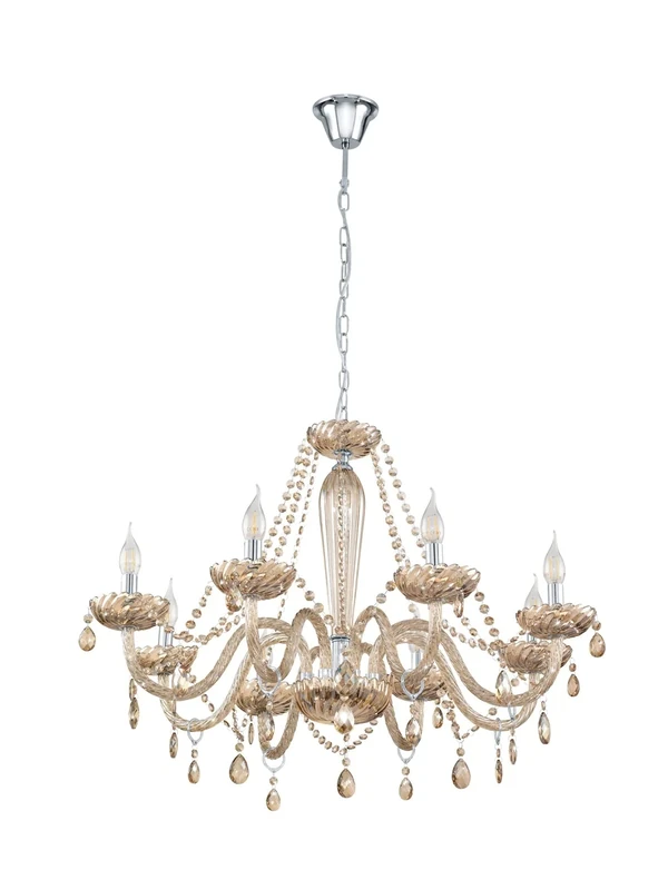 Eglo Pendant Light Basilano, 8-arm Chandelier Vintage, Shabby Chic, Hanging Lamp Made of Steel and Glass in Chrome, Cognac, Dining Table Lamp, Living Room Hanging Light with E14 Socket