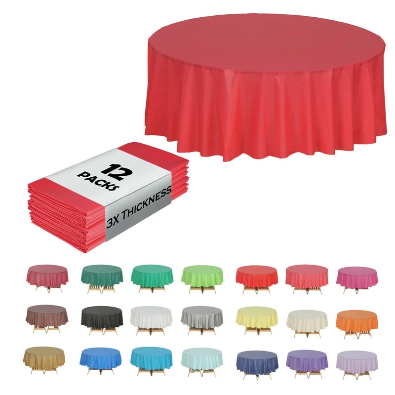 Evershine (12-pack) Red (Round) Plastic Table Covers 210cm D TABLECLOTH (Reusable)