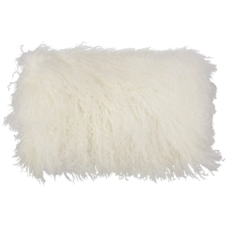 SARO LIFESTYLE 100% Wool Mongolian Lamb Fur Throw Pillow with Poly Filling, 12" x 20", Ivory