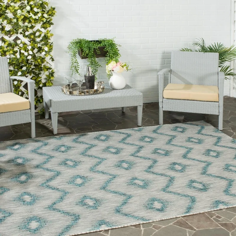 Safavieh Contemporary Indoor/Outdoor Woven Rectangle Area Rug, Courtyard Collection, CY8463, in Grey / Blue, 201 X 290 cm for Garden, Patio or Any Outdoor Space