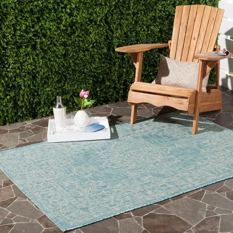 Safavieh Contemporary Indoor/Outdoor Woven Rectangle Area Rug, Courtyard Collection, CY8481, in Aqua / Grey, 201 X 290 cm for Garden, Patio or Any Outdoor Space