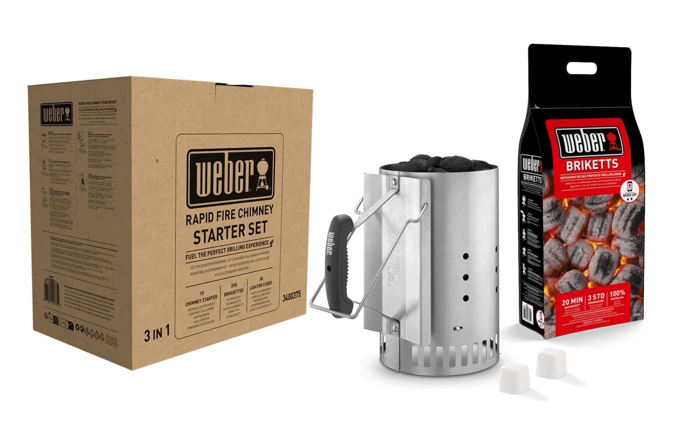 Weber Rapidfire? Barbecue Chimney Starter Set | Aluminium BBQ Fire Starter Set | Charcoal Briquettes and Firelighters Included | Weber Barbecue Accessories (3400375)
