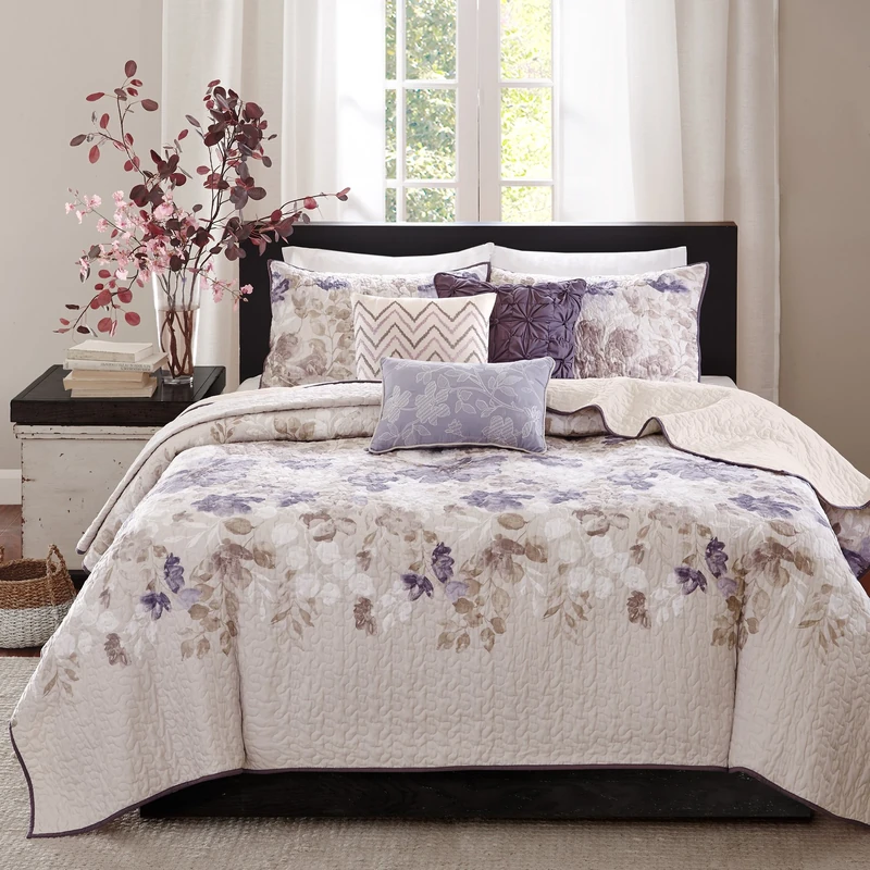 Madison Park All Season, Breathable Coverlet Bedspread Lightweight Bedding Set, Matching Shams, Decorative Pillow, Polyester, Floral Taupe, Full/Queen (90 in x 90 in)