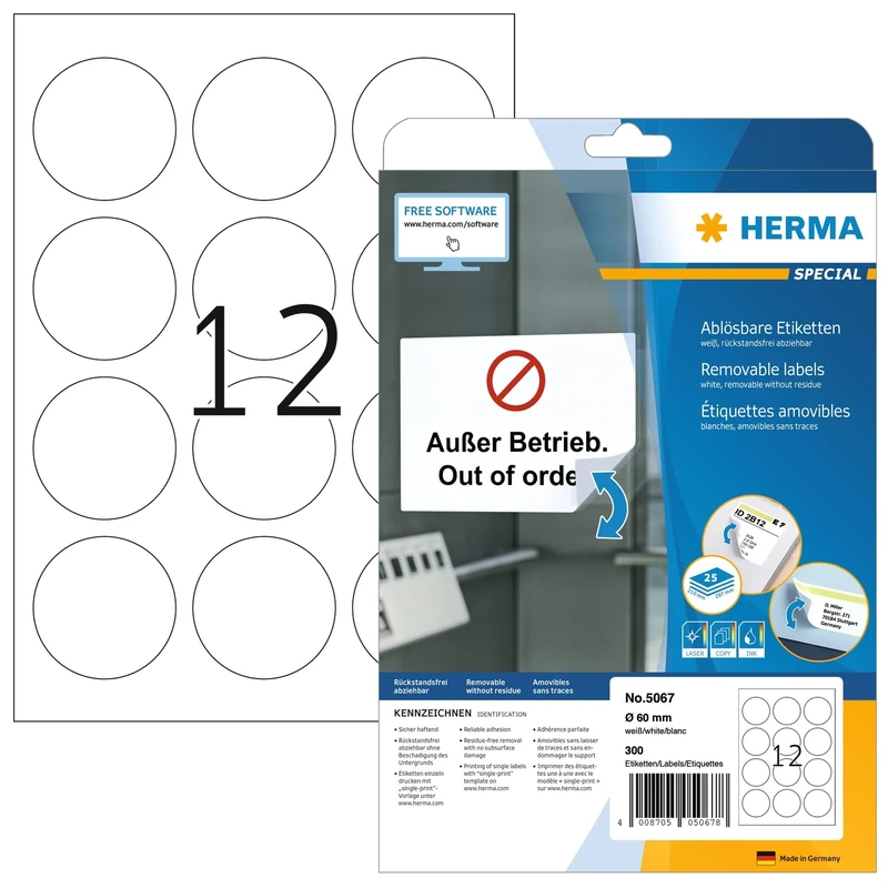 HERMA Self Adhesive Removable Round Labels, 12 Labels per A4 Sheet, 800 Sheets, Ø 60 mm, 9600 Labels, Blank Multipurpose Labels Stickers, Sticky Dots for Laser & Inkjet Printer, White