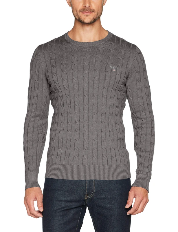 GANT Men's Cotton Cable Crew Regular Fit Plain Crew Neck Long Sleeve Jumper, Grey (Dark Grey Melange), Medium (Manufacturer Size: M)