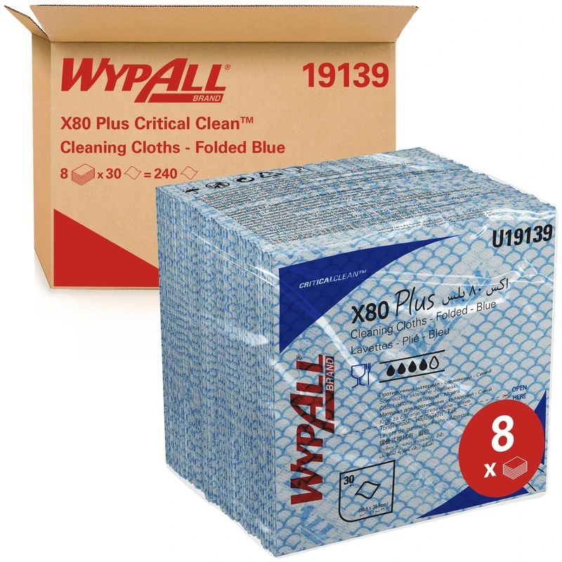 WypAll X80 Plus Critical Clean Cloths 19139 - Blue Colour Coded Cleaning Cloths - 8 Packs x 30 Quarter Fold Blue Cloths (240 Reusable Wipes)