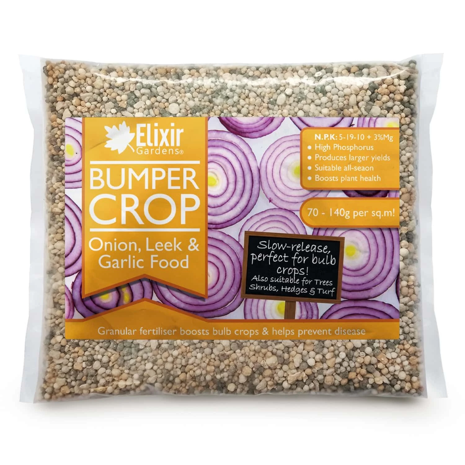 Elixir Gardens Bumper Crop Onion, Leek & Garlic Food | 500g-25kg Weights Available in Bags & Tubs | Bulb Root Fertiliser & Plant Feed | 25kg Bag | Treats over 350sqm