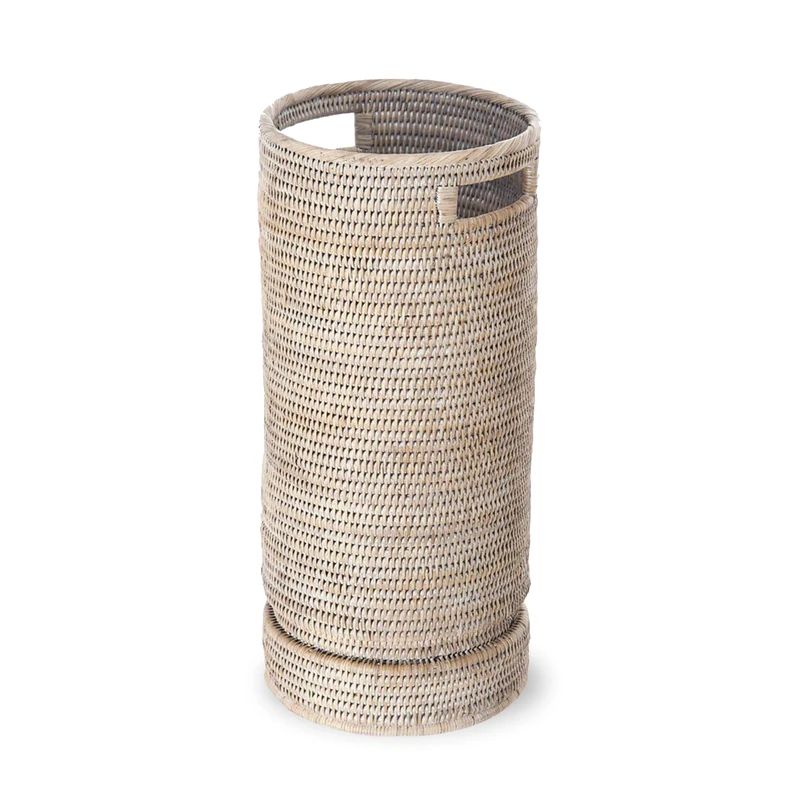Kouboo La Jolla Rattan Round Umbrella Stand with Water Catch, White Wash