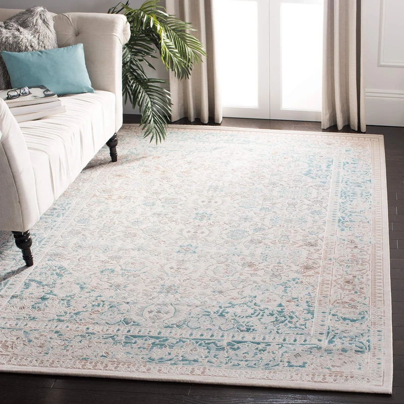 SAFAVIEH Glam Rug for Living Room, Dining Room, Bedroom - Passion Collection, Short Pile, in Turquoise and Ivory, 155 X 231 cm