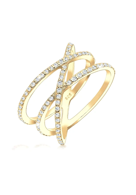 Elli Women's 925 Sterling Silver Gold Plated Zirconia Crossed Ring, Size P