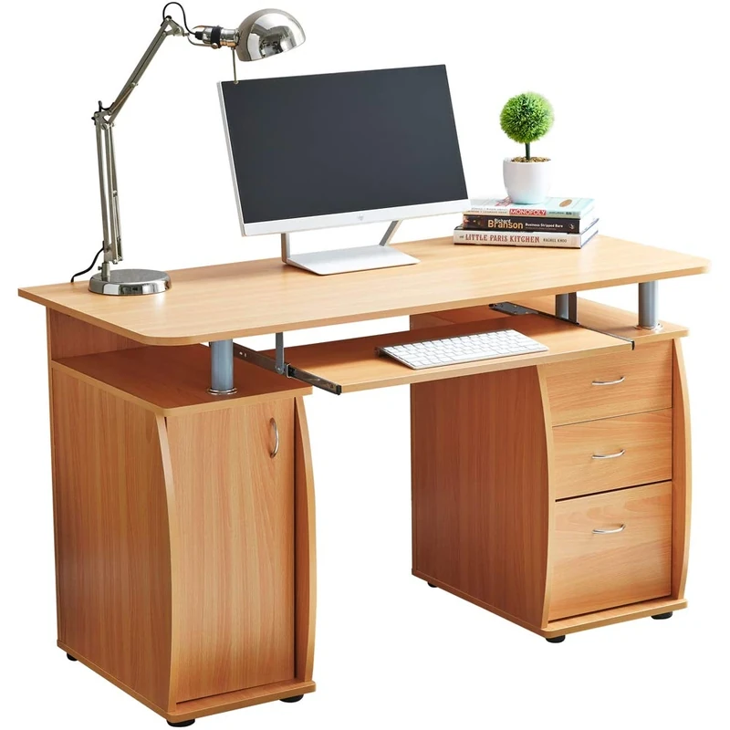 RayGar Beech Deluxe Design Computer Desk With Cabinet and 3 Drawers For Home Office Table Workstation - New (Beech)
