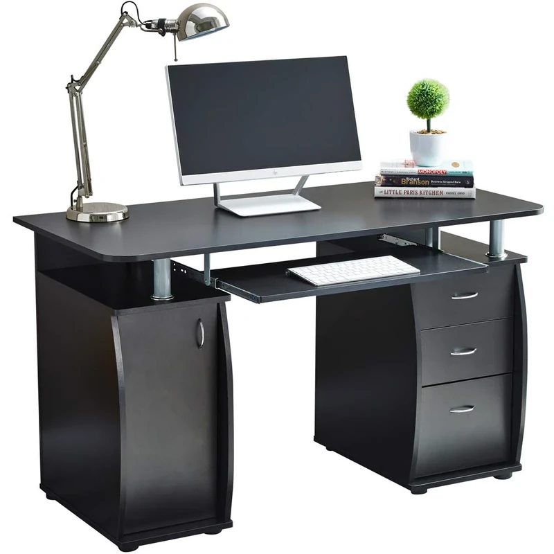 RayGar Black Deluxe Design Computer Desk With Cabinet and 3 Drawers For Home Office Table Workstation - New (Black)