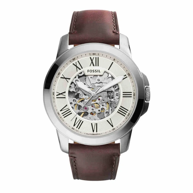 Fossil Watch for Men Grant, Mechanical Automatic Movement, 45 mm Silver Stainless Steel Case with a Leather Strap, ME3099