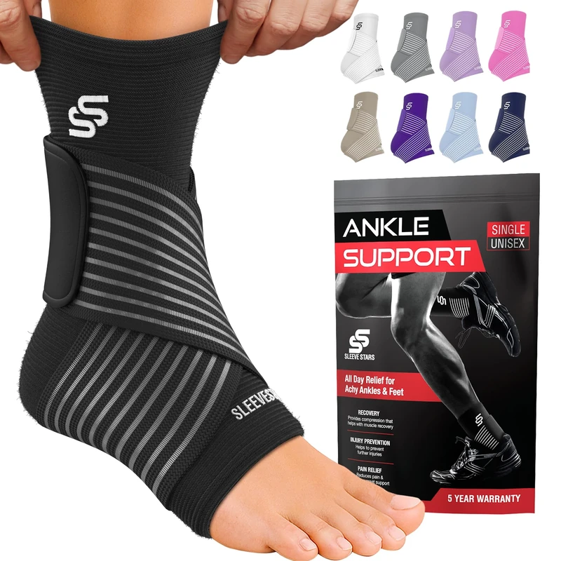 Sleeve Stars Ankle Brace for Women & Men, Ankle Wrap for Sprain, Compression Sleeve for Plantar Fasciitis Relief, Easy Customizable Support: w/Removable Strap (Single/M:10"-12"/Black)