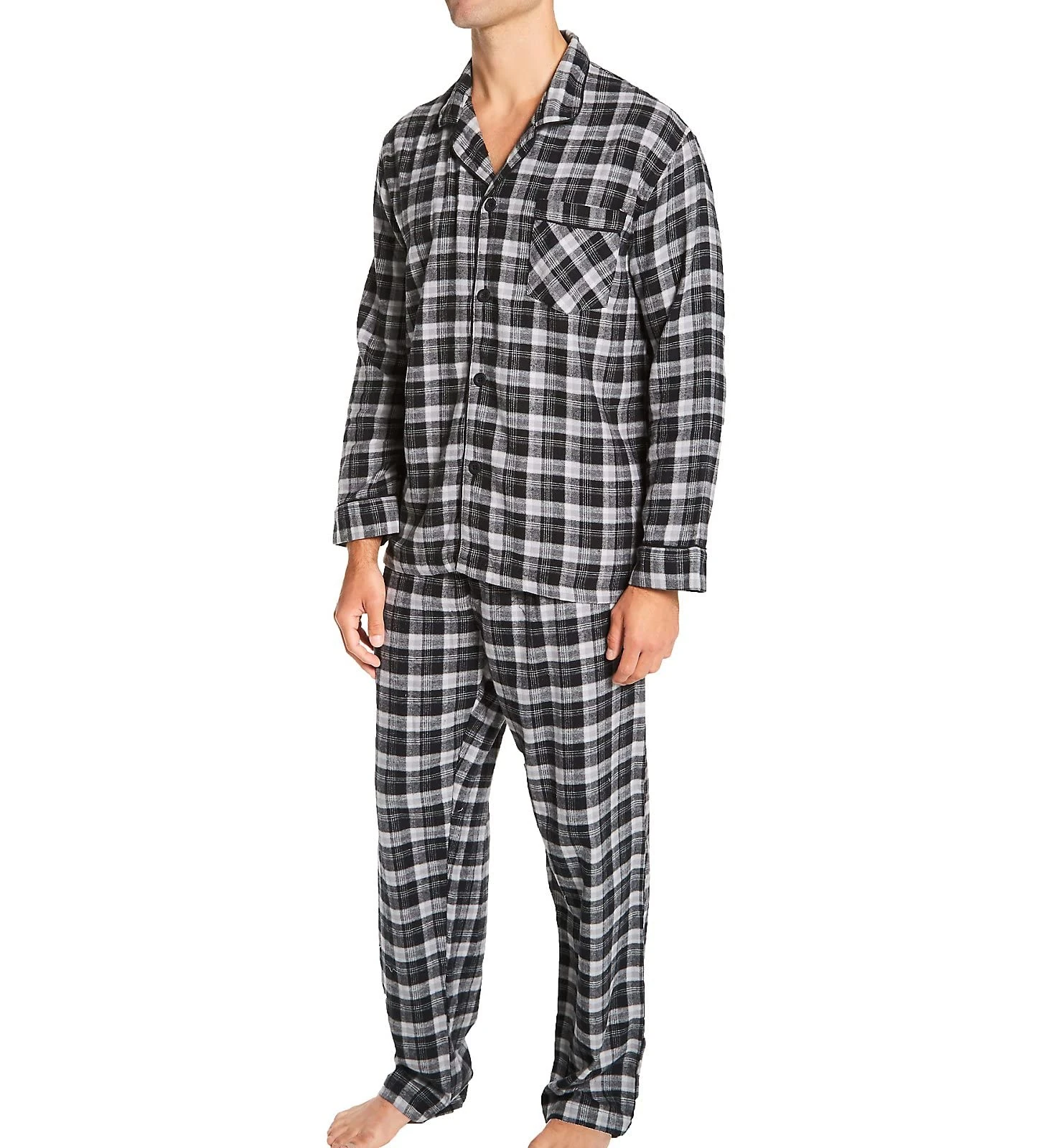 Hanes - Mens Long Sleeve Flannel Pajamas, Black, Grey 39850-Large