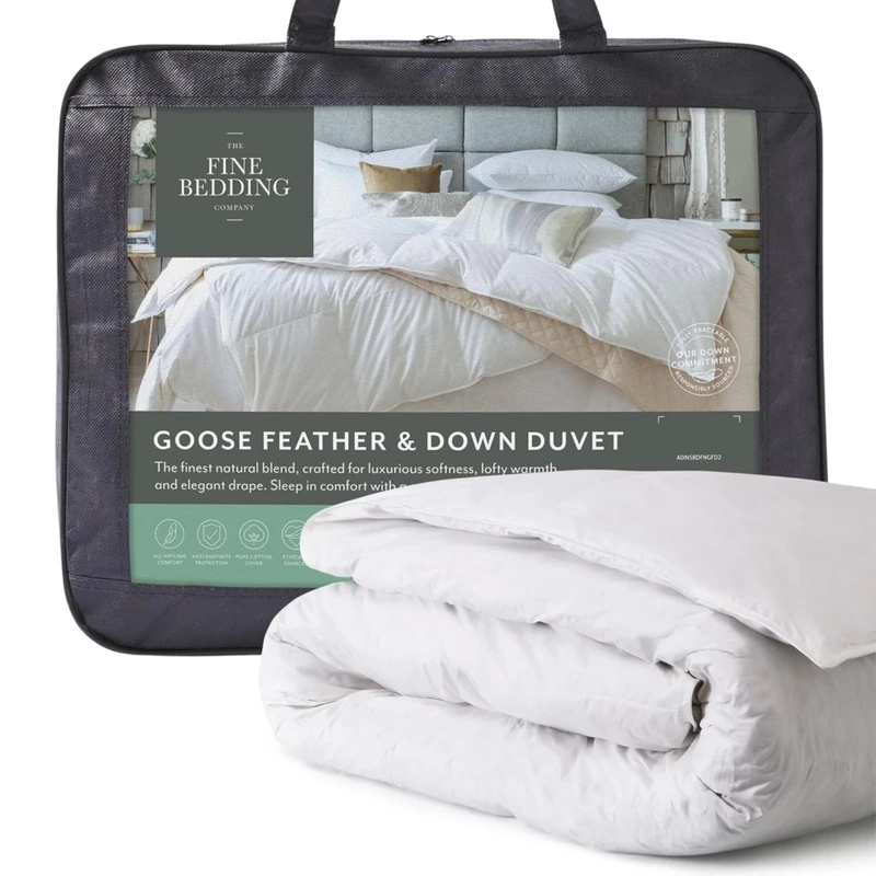 The Fine Bedding Company Goose Feather & Down Super King Duvet 10.5 Tog – All Seasons Duvet with Feather & Down Blend, Breathable Natural Fill, Soft Cotton Cover, Washable – Super King Bed Size