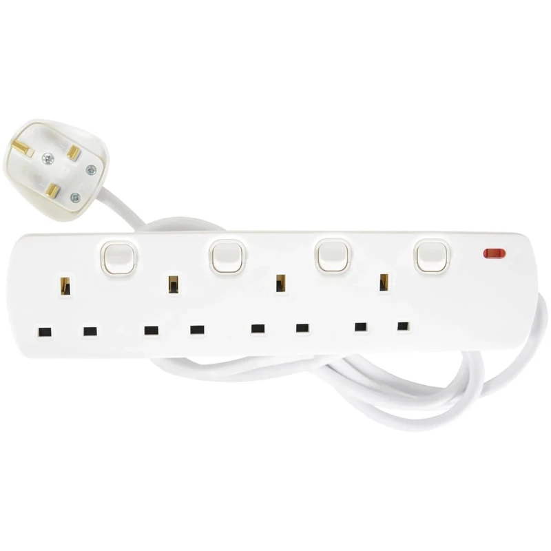 Mercury | 4-Gang Individually Switched Extension Lead | 2m Cable | UK Plug | White | Multi-Socket Individually Switched Power Strip with Wall Mount & Neon Indicator