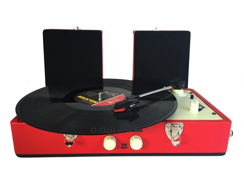 Steepletone SRP030S Attaché Briefcase Retro Style Vinyl Record Player Turntable with Built In Amplifier, 2 Detachable Speakers for Real Stereo Sound, Aux In connection for Smart phones, Tablets (Red)