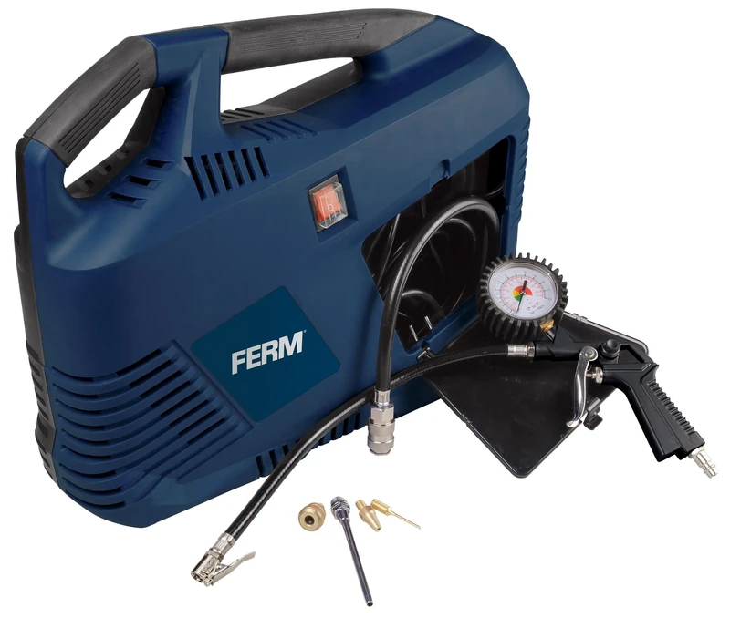 FERM CRM1049 Portable Compressor - 1100W - Max. 8 Bar - 6.3 CFM - Incl. Tyre Inflator with Manometer, Blow Gun Nozzle and 3 Inflation Adapters - Image 1