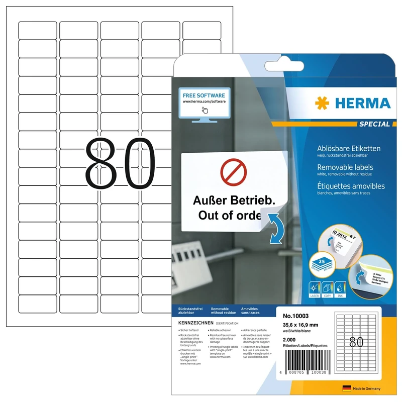 HERMA Self Adhesive Removable Labels, 80 Labels per A4 Sheet, 800 Sheets, 35.6 x 16.9 mm, 64000 Labels, Blank Multipurpose Labels Stickers, Sticky Labels for Laser & Inkjet Printer, White