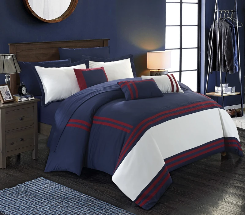 Chic Home Zarah 10 Comforter Complete Bag Pieced Color Block Banding Bedding with Sheet Set and Decorative Pillows Shams Included, Microfiber, Navy, Queen